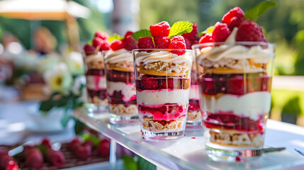 Vibrant and delicious raspberries layered with creamy cream in small glasses served on an elegant...