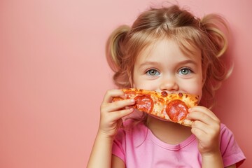 Naklejka premium Girl savoring pizza on pastel backdrop with ample space for customized text placement