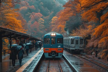 A bustling train platform during a vibrant autumn day, with passengers enjoying the scenic beauty...