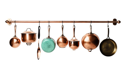 Pots and pans hang elegantly from a rustic rack in a kitchen setting