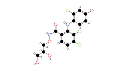 Naklejka premium mirdametinib molecule, structural chemical formula, ball-and-stick model, isolated image hydroxamic acid ester