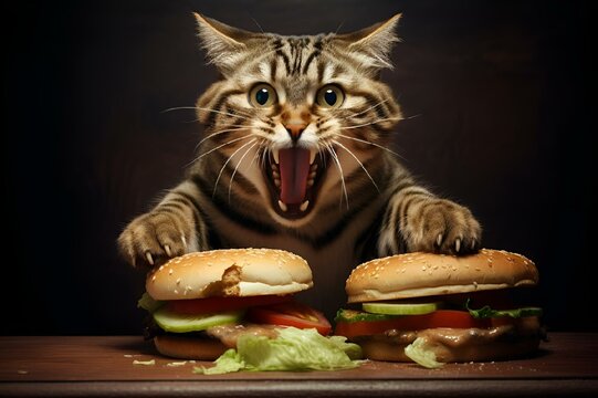 Cat happily devouring burgers with its mouth wide open, AI-generated.