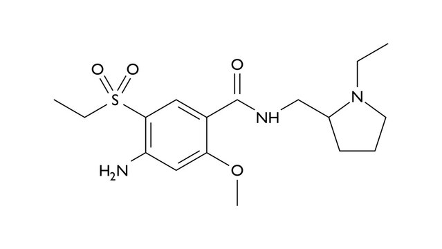 amisulpride molecule, structural chemical formula, ball-and-stick model, isolated image antipsychotic