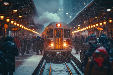 A busy train platform during a snowstorm, with passengers bundled up in winter coats and scarves, steam rising from the locomotive - obrazy, fototapety, plakaty