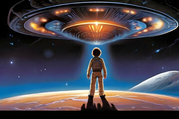 Obraz premium ufo in space moon night ai generative 