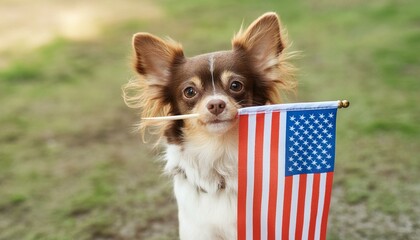 Chihuahua Holding American Flag in Mouth