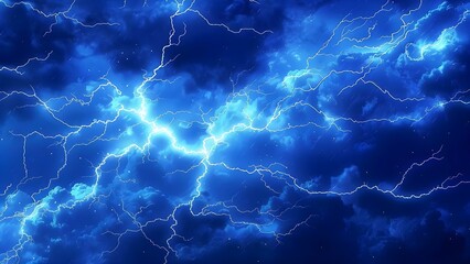 Bright Lightning Centered Against Dark Blue Background. Concept Lightning Photography, Dark Sky, Contrast, Nature Photography
