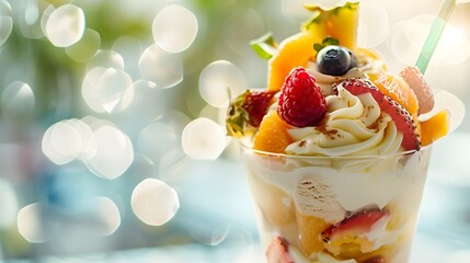 Stylish tropical fruit-topped ice cream sundae in natural light for a summer day indulgence