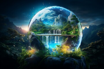 A water ball that represents the sustainable coexistence of technology with nature and the environment. Generative Ai