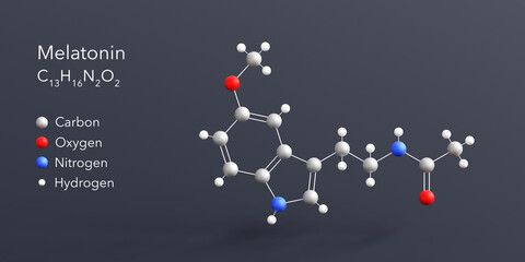 melatonin molecule 3d rendering, flat molecular structure with chemical formula and atoms color coding