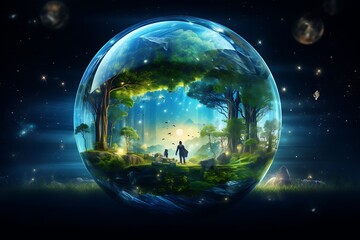 The rich forest in the water ball represents the conservation of the environment and nature. Generative Ai