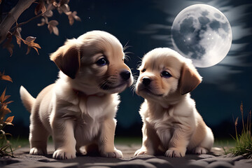 Two cute puppies are bowing under the full moon.