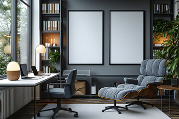 Scandinavian apartement office space in the afterday with furniture,modern sofa grey ,green plants,grey walls,with interior mockup with two white photo frame in the background