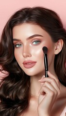Elegant woman with long curly brown hair holding makeup brush on soft pastel background for text