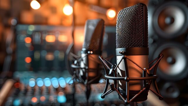 Podcast studio with two modern microphones for highquality audio recording. Concept Podcast Studio, Two Modern Microphones, High-Quality Audio Recording