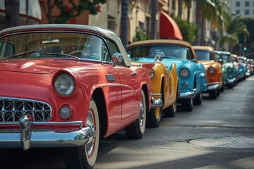 A classic car parade, featuring a diverse lineup of vintage vehicles, each with its own unique charm