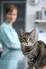 Vet clinic concept. Cat visiting veterinarian clinic, pet health care and diseases medical treatment, veterinary doctor examining kitty in hospital. Animal vaccination, consultation appointment visit.