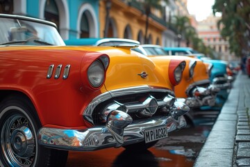 A classic car parade, featuring a diverse lineup of vintage vehicles, each with its own unique charm