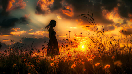 Fototapeta premium Silhouette of a girl in a farm field at sunset
