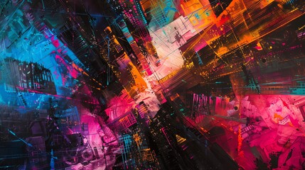 Capture the eerie allure of a dystopian cityscape from an eye-level angle, using a mix of oil paints to create a surreal, abstract vibe with twisted architecture and neon lights