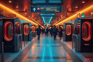 A contemporary train station with state-of-the-art digital displays and a seamless flow of passengers through automated ticket gates