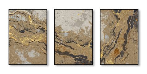 Abstract art watercolor painting, stylish modern art, triptych, flowers, texture, gold