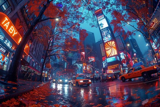 an image of new york city during the evening time in the rain