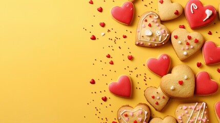 Sweet cookies with decoration on yellow background generative ai