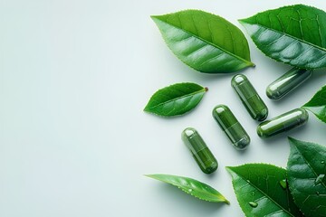 AI-generated illustration of green capsules with leaves on a white backdrop