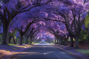 A convertible driving through a tunnel of vibrant jacaranda trees in full bloom, creating a purple...