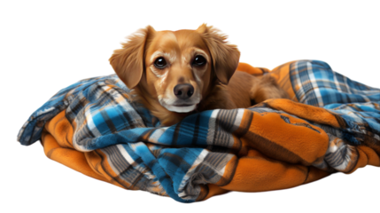 A brown dog peacefully laying on top of a warm blanket