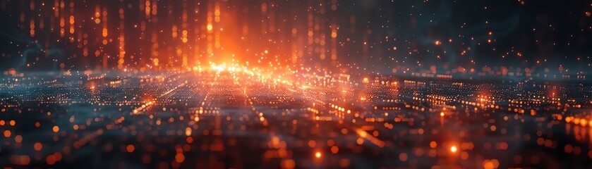 Fototapeta premium A digital landscape with a glowing orange grid of light and a dark blue background.