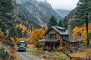 A delivery truck parked in front of a cozy mountain cabin, bringing supplies to remote locations