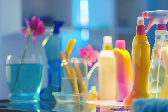 A dynamic image highlighting an assortment of cleaning supplies against an evening lit background