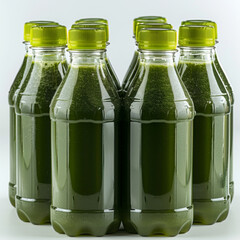 a lot plastic bottles aligned full of green juice with shadow in a dark white background.