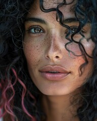 Close-up portrait of a woman with lock of hairs tangled hairs 