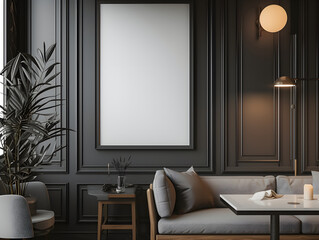 apartement Livingroom in the evening with furniture,grey sofa,green plants, one chandelier,black walls, chandelier with interior mockup with one white photo frame in the background