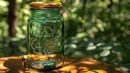 Eco-Friendly Packaging: Glass Jar with Recycling Symbol in Lush Forest Setting. Concept Eco-Friendly Packaging, Glass Jar, Recycling Symbol, Lush Forest Setting