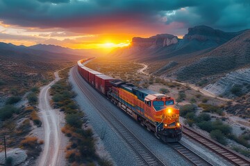 A freight train passing through a dramatic desert landscape at sunset, casting long shadows on the sand