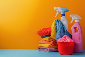 High angle view of neatly arranged cleaning products and colorful towels against a vibrant background - Powered by Adobe