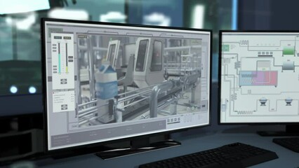 Machinery Supervisor Program Panel For Conveyor Lines Control At Dairy Factory. Computer Panel Supervising Automated Milk Production Machinery. Milk Packages On Conveyor Machinery. Ai Supervisor Panel