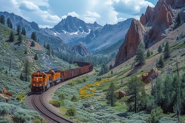 A freight train winding its way through a rugged mountain pass, its long line of cars curving along the tracks, surrounded by towering peaks