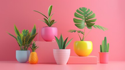 Vibrant still life composition with assorted potted plants in colorful pots on a pink background.