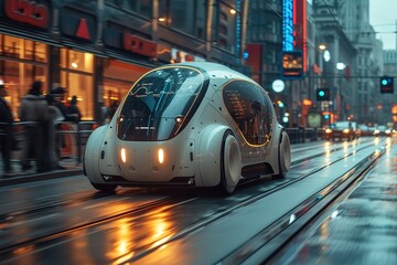 A futuristic self-driving car navigating city streets seamlessly, its sensors and cameras working...