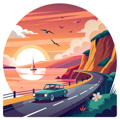 vibrant vector illustration capturing the silhouette of a sleek car cruising along a winding road against a backdrop of a fiery sunset sky