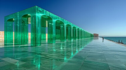 A long green building with a person walking by it, AI