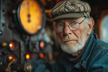 Fototapeta premium A locomotive's engineer, wearing a timeless striped cap, expertly guiding the massive machine around a bend in the tracks