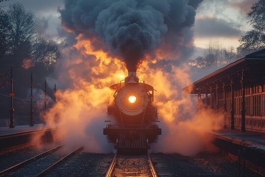 A historic steam whistle blowing loudly as an antique locomotive prepares to depart from a station, enveloped in a cloud of steam
