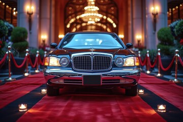 A luxury limousine parked in front of a grand red carpet event, ready to escort VIPs in style - obrazy, fototapety, plakaty