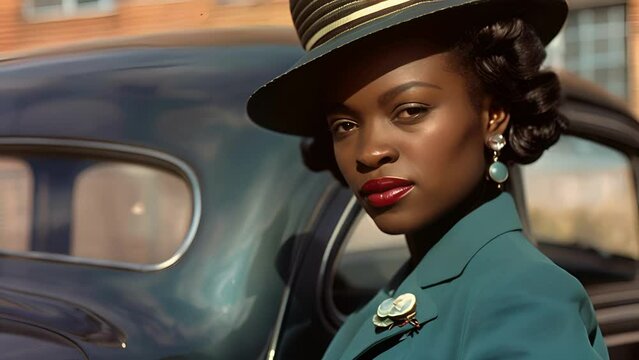 An elegant black woman poses in front of a vintage car sporting a fitted doubleed suit in a classic 1940s silhouette. The widebrimmed hat and subtle floral pattern on the lapel speak .